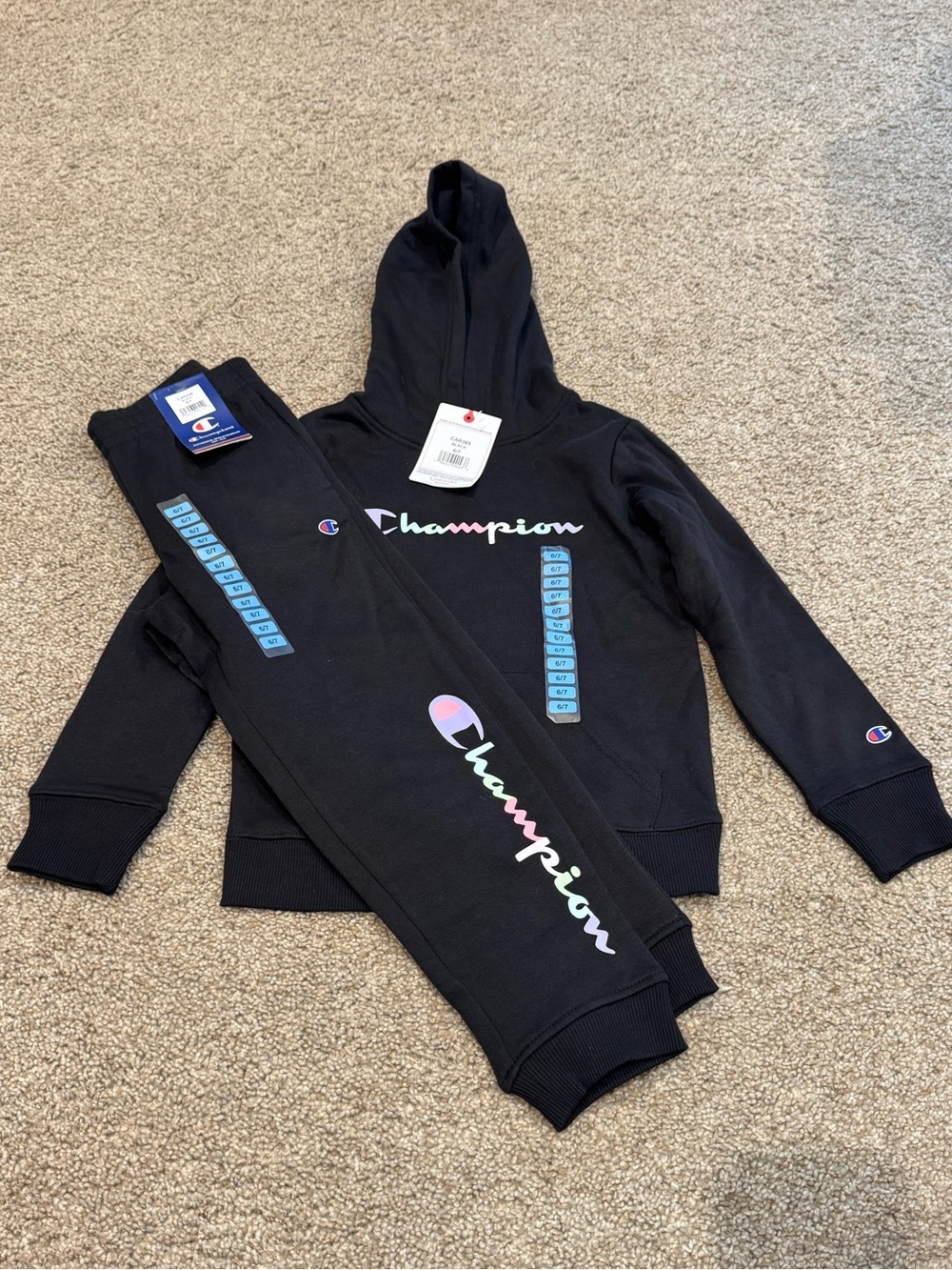 Champion Kids Black Hoodie and Joggers with Pastel Logo Sz 6/7 NWT